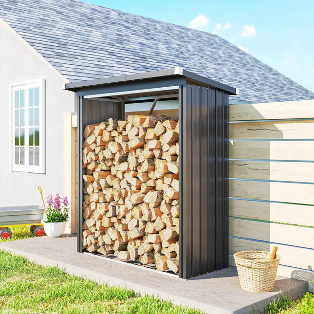 Outsunny Outdoor Log, Outdoor Woodshed in Galvanized Steel, Wooden House Shed with Raised Base and Tilted Roof, Fast Mounted, 0.77m ², 150x66.5x150 cm, Dark Grey