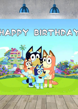 Decorazioni per feste di compleanno a tema Bluey/Bingo, set di piatti di carta usa e getta, striscione, bandierine per torta, palloncini a forma di cane.