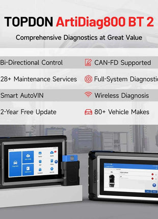 TOPDON Artidiag800 BT 2 Automotive Car Diagnostic Tool Full System OBD2 Scanner 2 Years Free Update Scan Tool VCI Repair Tool