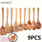 Set 9 Utensili da Cucina in Legno di Acacia Naturale - Spatole e Cucchiai per Pentole Antiaderenti