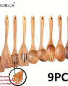 Set 9 Utensili da Cucina in Legno di Acacia Naturale - Spatole e Cucchiai per Pentole Antiaderenti