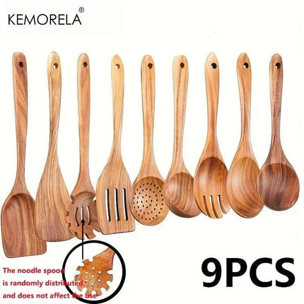 Set 9 Utensili da Cucina in Legno di Acacia Naturale - Spatole e Cucchiai per Pentole Antiaderenti