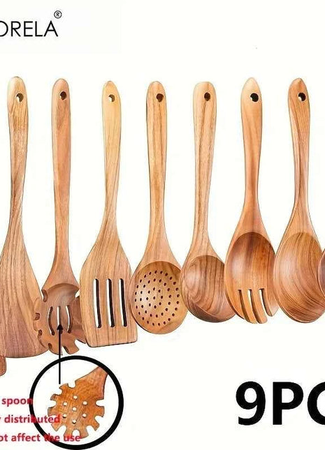 Set 9 Utensili da Cucina in Legno di Acacia Naturale - Spatole e Cucchiai per Pentole Antiaderenti