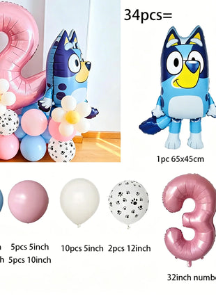 Set di Palloncini per il 2° Compleanno di Bluey, Palloncino in Foil Numero 2 Rosa, Decorazioni per Feste con Cane Blu, Fiori e Zampe, Kit per Sfondo Fotografico per Bambini