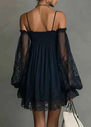 Abito Corto Sexy da Donna con Pizzo e Spalle Scoperte, Maniche Lunghe a Sbuffo, Stile Bohemien, per Primavera/Estate, Ideale per Feste in Spiaggia