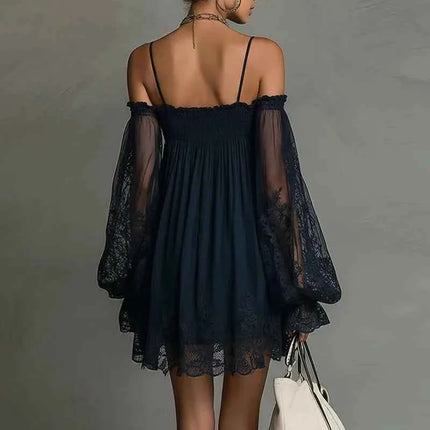 Abito Corto Sexy da Donna con Pizzo e Spalle Scoperte, Maniche Lunghe a Sbuffo, Stile Bohemien, per Primavera/Estate, Ideale per Feste in Spiaggia