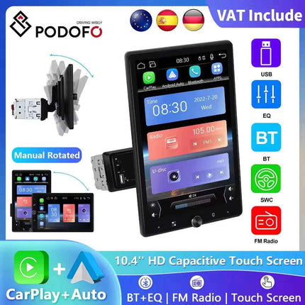 Podofo 10.4'' HD 1Din MP5 Player Carplay Android Auto Multimedia Player Car Stereo Mirror Link Bluetooth Car Audio Bluetooth FM