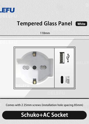 DELEFU Vetro temperato bianco Italia USB TypeC Presa a muro a ricarica rapida Schuko Tuya Wifi Smart Switch Sat TV Tel Campanello Cile