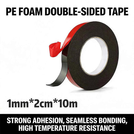 Nastro biadesivo in schiuma PE, 1 mm x 2 cm x 10 m, nastro in schiuma nero resistente, forte adesione, impermeabile, resistente al calore, senza residui.