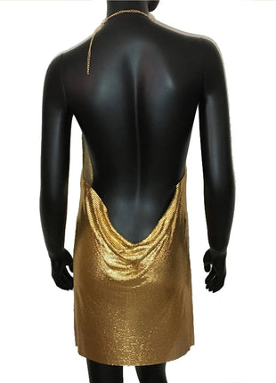 2023 Sexy Clubwear Backless Sequin Short Dress for Women Cocktail Metallic Split Mesh Harness Body Chain Club Low Cut Mini Dress