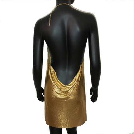 2023 Sexy Clubwear Backless paillettes abito corto per le donne Cocktail Metalic Split Mesh Harness Body Chain Club Low Cut Mini Dress