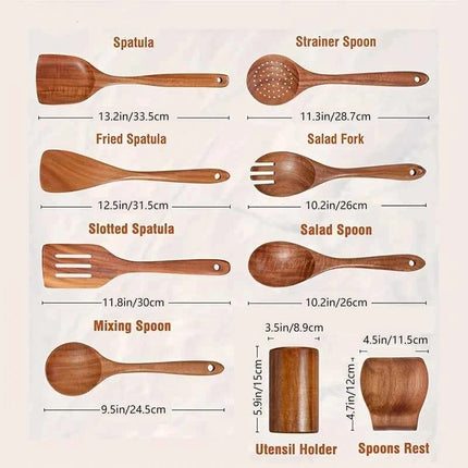 Set 9 Cucchiai e Utensili da Cucina in Legno di Teak con Porta Utensili Incluso