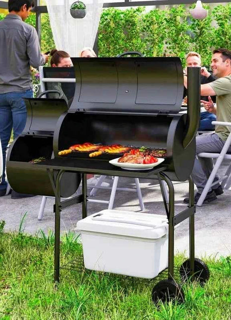 Charcoal grill made of steel, BBQ smoker with lid, charcoal grill trolley for barbecue, camping, garden 109 x 60 x 120 cm
