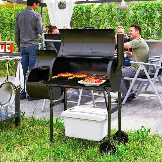 Charcoal grill made of steel, BBQ smoker with lid, charcoal grill trolley for barbecue, camping, garden 109 x 60 x 120 cm