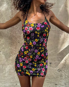 Kliou Women's Floral Print Mini Dress Low Neck Cross Bandage Backless Sleeveless Skinny Peach Hip Hot Girls Street Style Bodycon