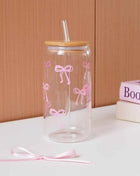Set Bicchieri in Vetro con Fiocco Coperchio e Cannuccia per Casa Picnic Colazione e Feste