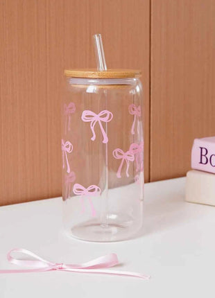 Set Bicchieri in Vetro con Fiocco Coperchio e Cannuccia per Casa Picnic Colazione e Feste