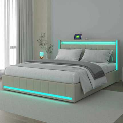 Comanlai 160×200cm Youth Bed, Adult Bed, Upholstered Double Bed, with LED and USB 4 Drawers, Headboard with Storage Space Linen