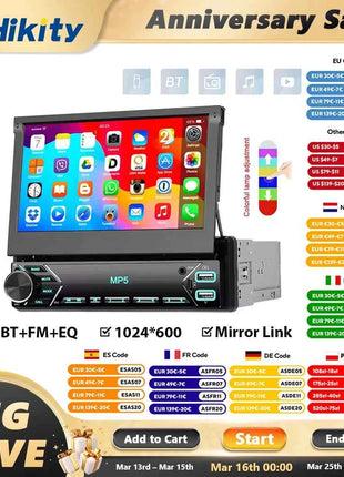 Hikity Multimedia Player Mirror Link 7'' HD Manual Retractable Touchscreen Universal MP5 Car Player BT FM TF Colorful Backlight