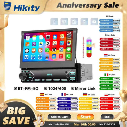 Hikity Multimedia Player Mirror Link 7'' HD Manual Retractable Touchscreen Universal MP5 Car Player BT FM TF Colorful Backlight