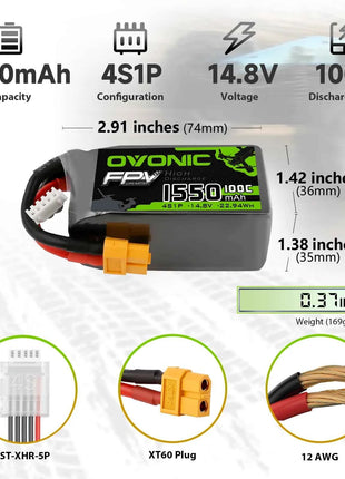 OVONIC 4s Lipo Battery 100C 1550mAh 14.8V Lipo Battery Soft Case with XT60 Connector for FPV(4 Packs)