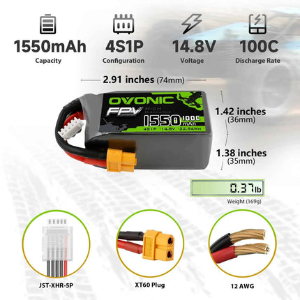 OVONIC 4s Lipo Battery 100C 1550mAh 14.8V Lipo Battery Soft Case with XT60 Connector for FPV(4 Packs)