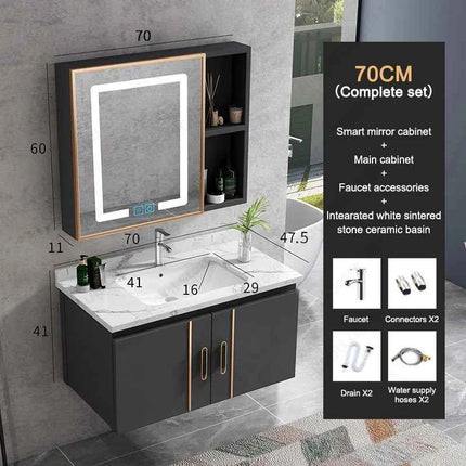 Bathroom Vanity Cabinet Set with Integrated Ceramic Sink Drain Accessories Wall Mounted Aluminum Storage Cabinet Mirror Combo
