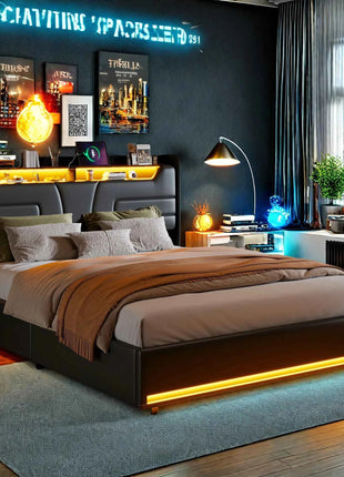 Rosahqnda Upholstered Bed 140/160 x 200 cm with LED Headboard,Hydraulic Storage Space and Metal Frame,Youth Bed,PU