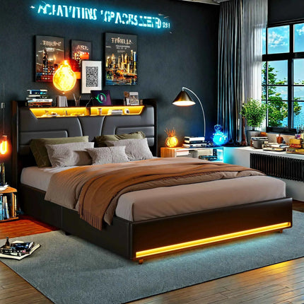 Rosahqnda Upholstered Bed 140/160 x 200 cm with LED Headboard,Hydraulic Storage Space and Metal Frame,Youth Bed,PU