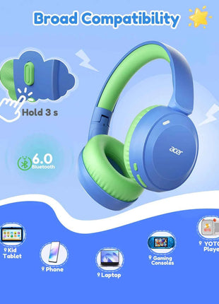Acer Kids Bluetooth 6.0 Headphones with Built-in Mic 85/94dB Volume Limited Lightweight Over-Ear Wireless Headphones for Kids