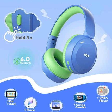 Acer Kids Bluetooth 6.0 Headphones with Built-in Mic 85/94dB Volume Limited Lightweight Over-Ear Wireless Headphones for Kids