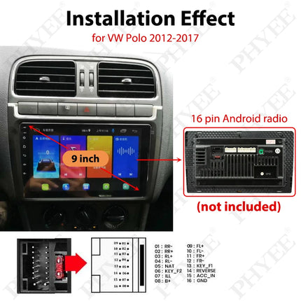 Telaio pannello radio per VW Polo 2012 a 2017, adattatore cablaggio quadlock, decodificatore CAN Bus, per multimediale Android 16 pin 9"