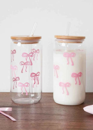 Set Bicchieri in Vetro con Fiocco Coperchio e Cannuccia per Casa Picnic Colazione e Feste
