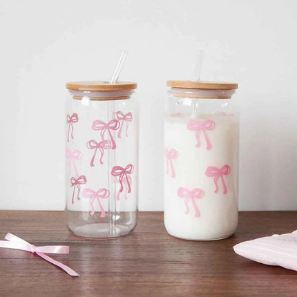 Set Bicchieri in Vetro con Fiocco Coperchio e Cannuccia per Casa Picnic Colazione e Feste