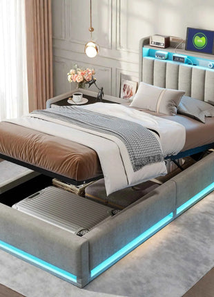 Upholstered Double Bed,Hydraulic Bed with Bed Box,Headboard with LED and USB Charging Station,Functional Bed Velvet