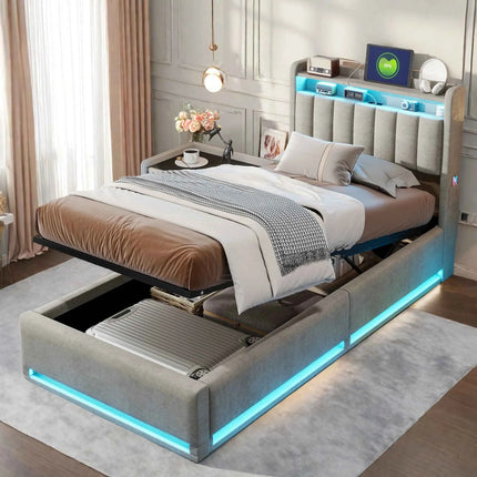 Upholstered Double Bed,Hydraulic Bed with Bed Box,Headboard with LED and USB Charging Station,Functional Bed Velvet