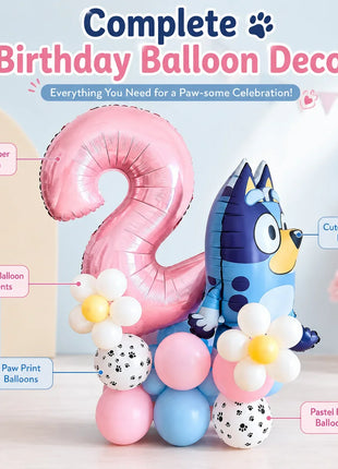 Set di Palloncini per il 2° Compleanno di Bluey, Palloncino in Foil Numero 2 Rosa, Decorazioni per Feste con Cane Blu, Fiori e Zampe, Kit per Sfondo Fotografico per Bambini