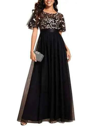 European and American Wine Red Evening Gown with Round Neck Flared Sleeves and Mesh Long Dress for Wedding 2026new Wedding Dress
