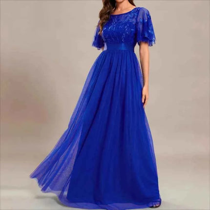 European and American Wine Red Evening Gown with Round Neck Flared Sleeves and Mesh Long Dress for Wedding 2026new Wedding Dress
