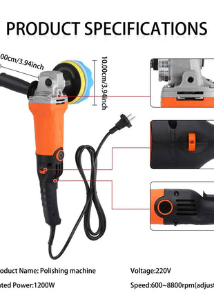 Podofo 1200W Rotary Car Buffer Polisher Waxer Detachable Handle for Boat Car Polishing and Waxing 8800RPM Sponge Rotary Polisher