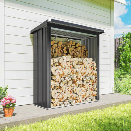 Outsunny Outdoor Log, Outdoor Woodshed in Galvanized Steel, Wooden House Shed with Raised Base and Tilted Roof, Fast Mounted, 0.77m ², 150x66.5x150 cm, Dark Grey