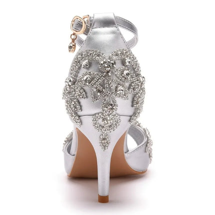Sandali da donna di qualità femminile strass PU 7CM tacchi sottili cinturino con fibbia scarpe da donna in stile coreano vestito blu cielo maturo