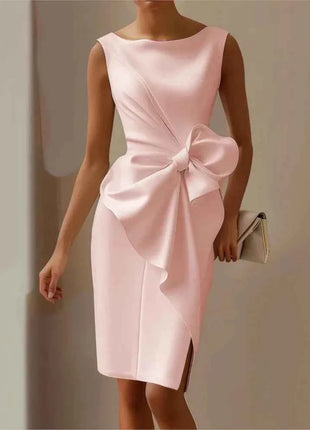 Elegante abito con fiocco solido per le donne Moda senza maniche O collo Pacchetto sottile Abiti alla moda Lady Serata formale Abbigliamento da donna