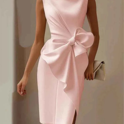 Elegante abito con fiocco solido per le donne Moda senza maniche O collo Pacchetto sottile Abiti alla moda Lady Serata formale Abbigliamento da donna
