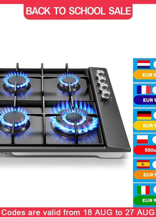 Piano Cottura a Gas 4 Fuochi 58cm - Protezione Fiamma Automatica, Gas Naturale e GPL