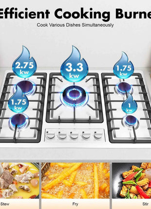 5 Burner Gas Stove Stainless Steel Gas Cooktop 1-3.3KW Gas Stove Electronic Pulse Ignition Built-in Gas Hob 2000Pa Gas Cooktop