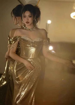 Abito da Sera Donna Paillettes Dorate Spalle Scoperte Lunghezza Pavimento Sirena - Mauroicardi