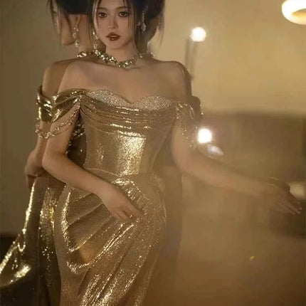 Abito da Sera Donna Paillettes Dorate Spalle Scoperte Lunghezza Pavimento Sirena - Mauroicardi