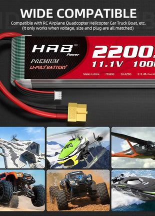 HRB 3S Lipo Battery 11.1V 2200mah 100C XT60 For Axial SCX10 Airplanes FPV Drone Racing Car Boat RC Parts