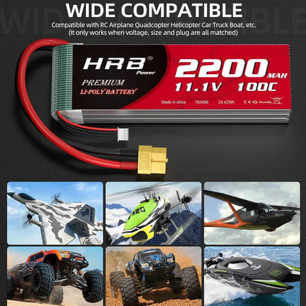 HRB 3S Lipo Battery 11.1V 2200mah 100C XT60 For Axial SCX10 Airplanes FPV Drone Racing Car Boat RC Parts